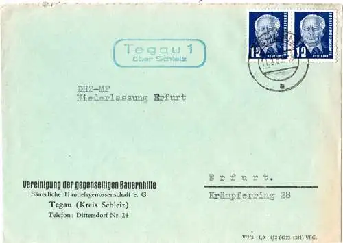 DDR 1953, Landpost Stpl. TEGAU 1 über Schleiz auf Bauernhilfe Brief m. 2x12 Pf.