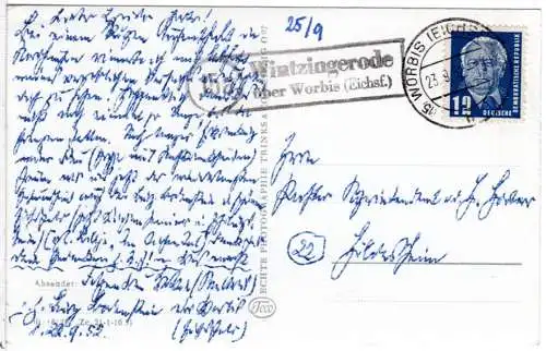 DDR 1950, Landpost Stpl. 15a WINTZINGERODE über Worbis auf Karte m. 12 Pf.