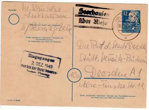 DDR 1949, Landpost Stpl. SEERHAUSEN über Riesa auf 12 Pf. Ganzsache