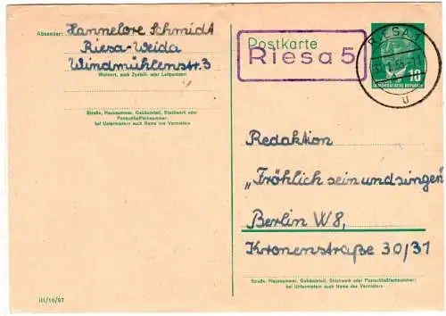 DDR 1960, Landpost Stpl. RIESA 5 auf 10 Pf. Ganzsache