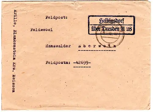 DR 1942, Landpost Stpl. HELBIGSDORF über Dresden A28 auf Feldpost Brief