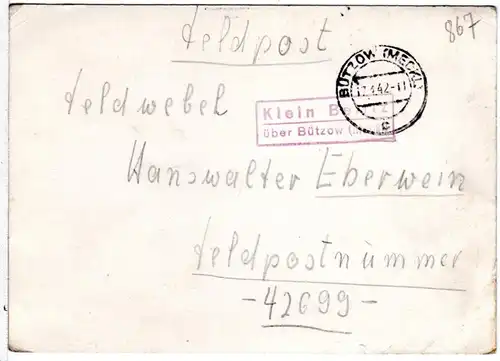 DR 1942, Landpost Stpl. KLEIN BELITZ über Bützow auf Feldpost Karte