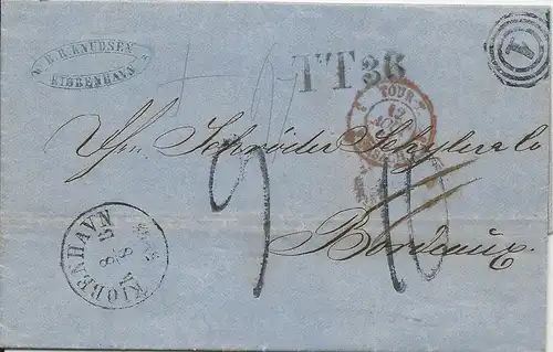 Dänemark 1863, Brief v. Kopenhagen m. 2 versch. Frankreich Porto Stempeln. #2087