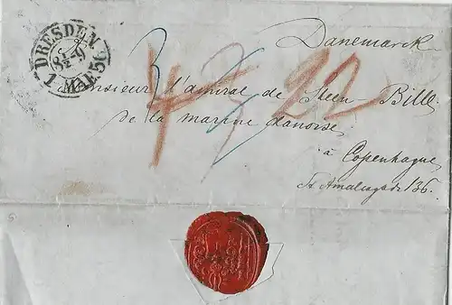 Sachsen 1856, K2 Dresden auf kleinem Porto Brief nach Dänemark. #2227