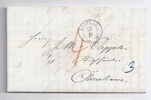 Sachsen Norwegen 1860, K2 Leipzig, Porto Brief m. rücks. Transitstempeln. #718