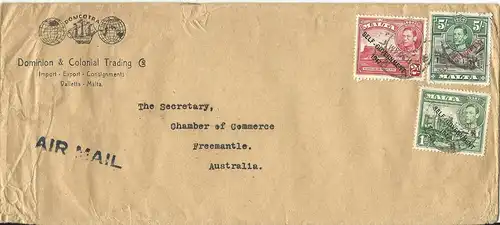 Malta 1952, 5 Sh.+2+1d auf Luftpost Brief n. Australien. Hohe Frankatur!