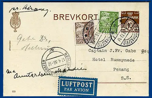 Dänemark 1938, Ganzsache m. Zusatzfr. v. Christiansfeld n. Straits Settlements