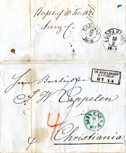Preussen 1861, R3 DÜSSELDORF BAHNHOF auf Porto Brief via Schweden nach Norwegen