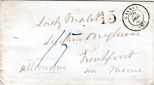 Frankreich-Taxis 1862, Brief CANNES - Frankfurt m. Porto Stpl. "15" (Kreuzer)