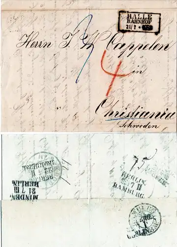 Preussen 1859, R3 HALLE BAHNHOF auf Porto Brief nach Norwegen