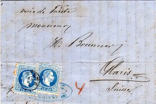Österreichische Post i.d. Levante 1872, 2x10 S. auf Brief v. Smirne i.d Schweiz.