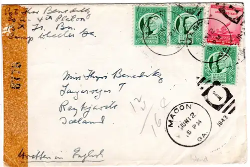 USA 1943, 4 Marken auf Zensur Brief  v. MACON Georgia n. Island