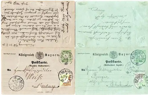 Bayern 1890, 3 Pf. grün+braun, 4 Diagonalhalbierungen auf Doppelkarte Ganzsache