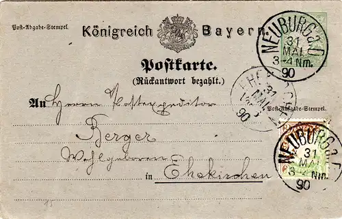 Bayern 1890, 3 Pf. grün+braun, 4 Diagonalhalbierungen auf Doppelkarte Ganzsache