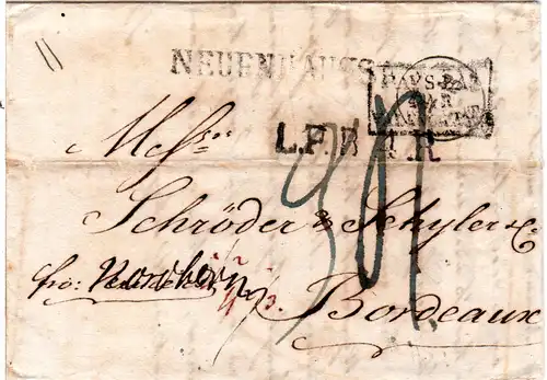 Hannover 1822, L1 NEUENHAUSS u. L.P.B.4.R auf Brief n. Frankreich