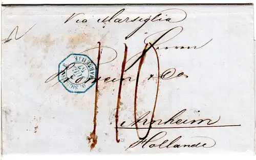 Italien Sicilia 1857, D. SICILES S.E. MARSELLE in blau auf Porto Brief i.d. NL