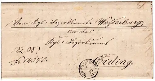 Bayern 1868, Zier-K1 WASSERBURG auf Brief n. Erding.