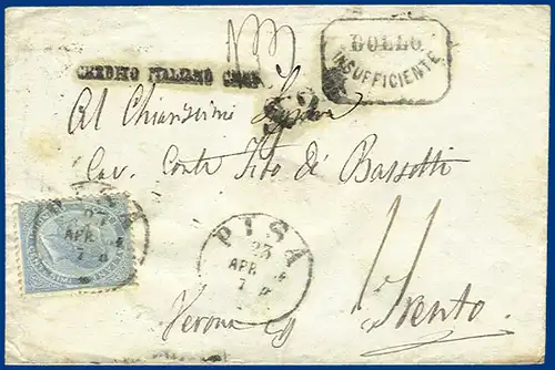 Italien 1864, unzureichend frankierter Brief v. Pisa nach Österreich. #S618