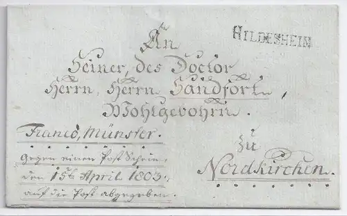 Hannover 1803, attraktiver, kunstvoll adressierter Brief m. L1 HILDESHEIM #182