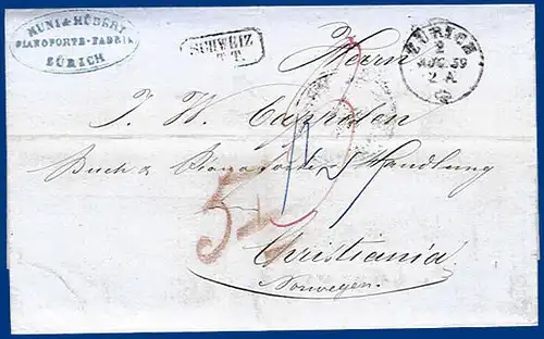 Schweiz 1859, Portobrief v. Zürich n. Norwegen via Taxis u. Hamburg. #S336