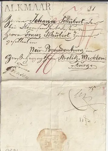 NL 1820, Teil Porto Brief v. Alkmaar n. Mecklenburg Strelitz. Destination! #2630