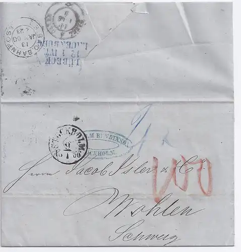 Schweden Schweiz 1866, schöner Porto Brief v. Stockholm m vielen Stempeln. #1448