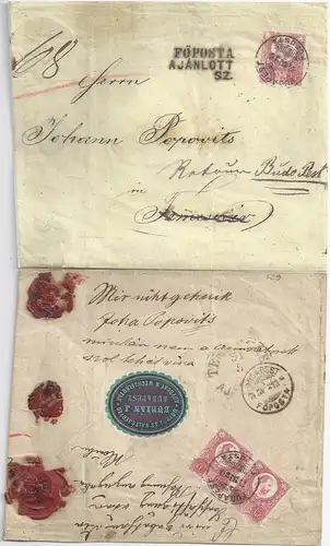 Ungarn 1874, geöffneter u. wiederversiegelter Einschreiben Retour Brief. #S624
