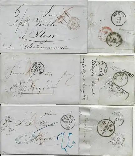 Schweiz 1852/64, 3 Porto Brief v Basel n. Steyr Österreich. Versch.Transite #607