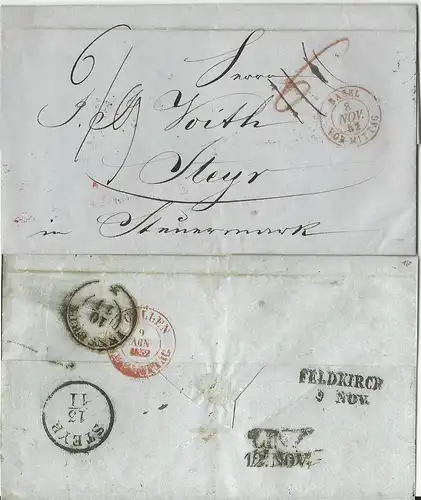 Schweiz 1852/64, 3 Porto Brief v Basel n. Steyr Österreich. Versch.Transite #607