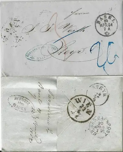 Schweiz 1852/64, 3 Porto Brief v Basel n. Steyr Österreich. Versch.Transite #607
