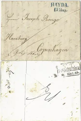 Österreich 1843, blau L2 HAYDA auf Brief franco Hamburg nach Dänemark. #1157