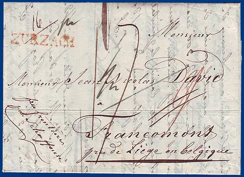 Schweiz Belgien 1825, Porto Brief m. rotem L1 ZURZACH. Aachen Transit. #S821
