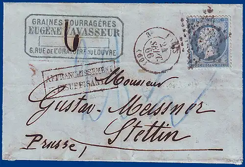 Preussen 1866, 20 C. auf Frankreich Brief m. 28 1/2 SGr.(!) Porto! #S767