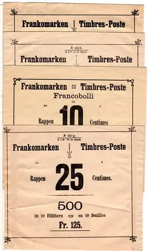 Schweiz 1907/10, 4 Original Post-Versandumschläge f. Marken zu 2, 5, 10 u. 25 C.