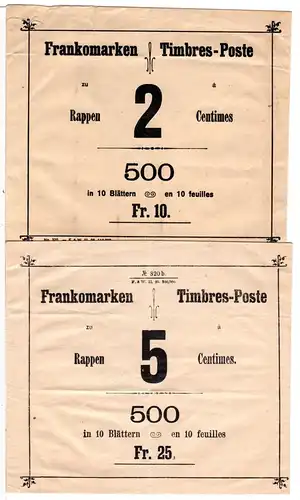 Schweiz 1907/10, 4 Original Post-Versandumschläge f. Marken zu 2, 5, 10 u. 25 C.