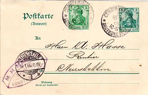 DP Türkei 1905, DR Antwortkarte m. 5 Pf. Germania v. CONSTANTINOPEL zurückgebr.