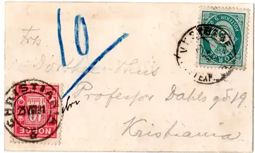 Norwegen 1891, 10 öre Porto auf nicht anerkannter Postkarte (zu klein!) m. 5 öre