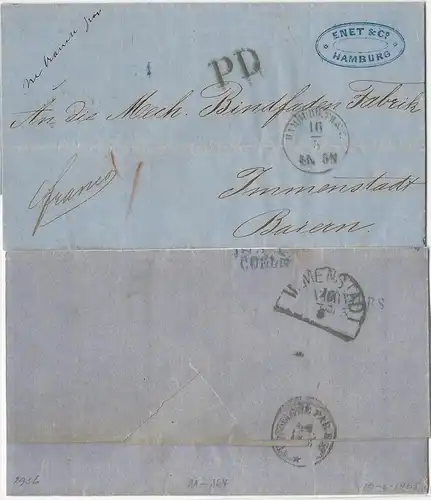 Hamburg 1865, Brief über Bahnpost Cöln u. Belgien n. Immenstadt, Bayern!