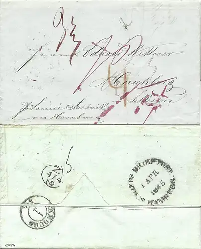 1845, "Schiffs Brief Post Hamburg" auf Brief v. Havanna n. Preussen