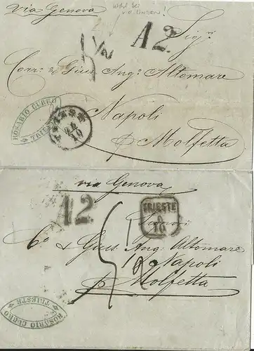 Österreich 1862/63, 2 Porto Brief m. div.Stempeln v. Triest n. Napoli Italien