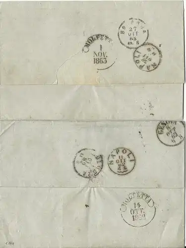 Österreich 1862/63, 2 Porto Brief m. div.Stempeln v. Triest n. Napoli Italien