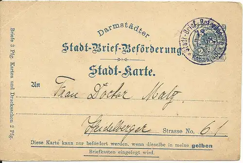 DR Private Stadtpost Darmstadt 1898, gebr., bisher nicht Katalog. Ganzsache! R!!