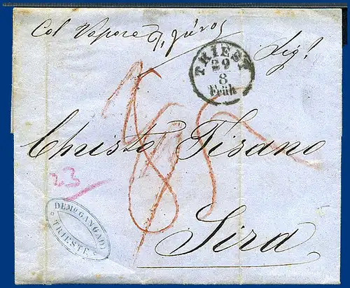 Österreich 1857, Porto Brief 2/9 (Kr.) v. Triest n. Griechenland. 85 Lepta