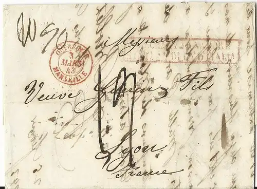 Italien Neapel 1843, R2 PACCHETTO AL VAPORE D´ITALIA auf Brief n. Frankreich