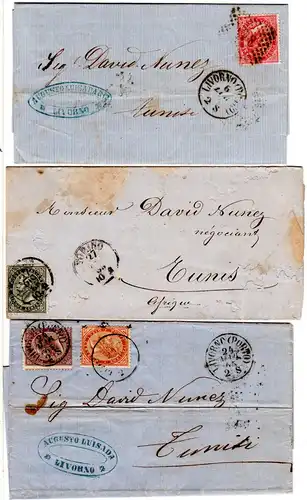 Italien 1865/66, 3 Briefe m. versch. Frankaturen n. Tunesien, dabei Drucksache  