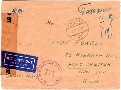 Österreich Mai 1946, früher Taxe percue Luftpost Brief v. Wien n. USA m. Zensur.