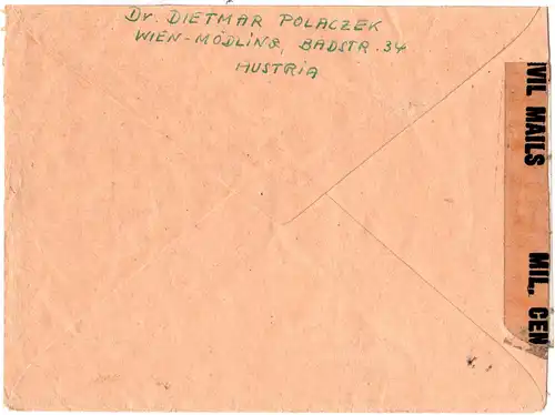 Österreich Mai 1946, früher Taxe percue Luftpost Brief v. Wien n. USA m. Zensur.