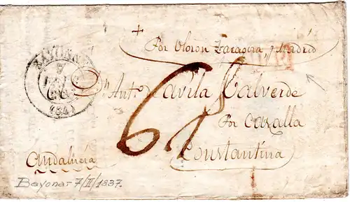 Frankreich 1837, Porto Brief v. BAYONNE n. Algerien via Oloron, Zaragoza, Madrid
