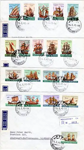 Mocambique 1965, 20 Werte Segelschiffe kpl. Ausgabe auf 4 Luftpost Reko Briefen