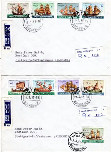 Mocambique 1965, 20 Werte Segelschiffe kpl. Ausgabe auf 4 Luftpost Reko Briefen